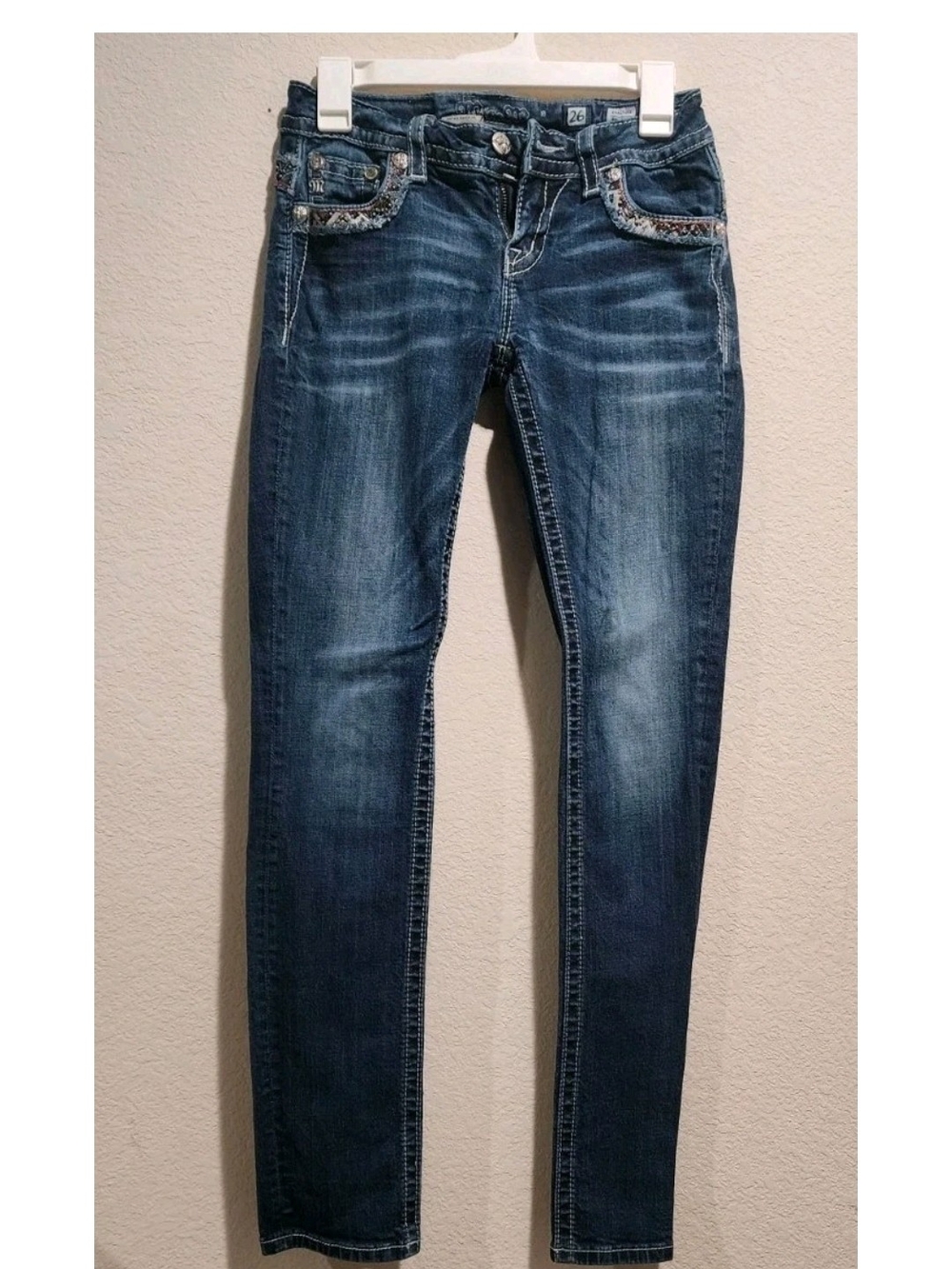 Miss Me Dark Blue Skinny Jeans with Embellished Pockets Size 26
